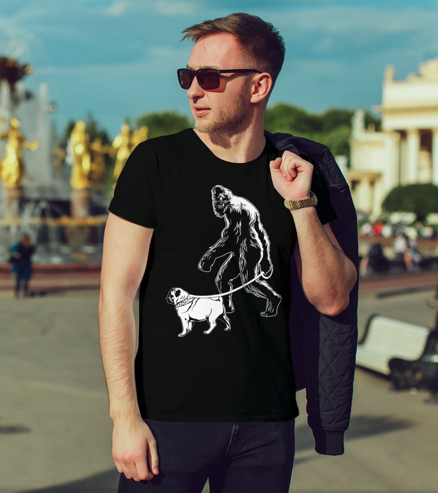 Bigfoot Walking A Pug Dog T-Shirt
