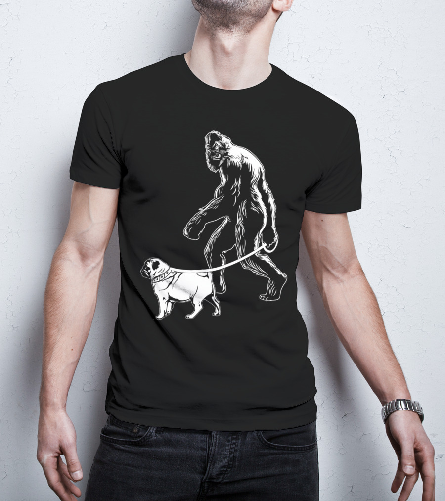 Bigfoot Walking A Pug Dog T-Shirt