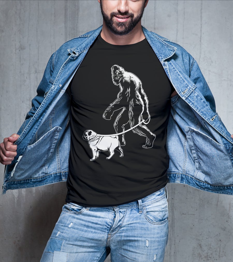 Bigfoot Walking A Pug Dog T-Shirt