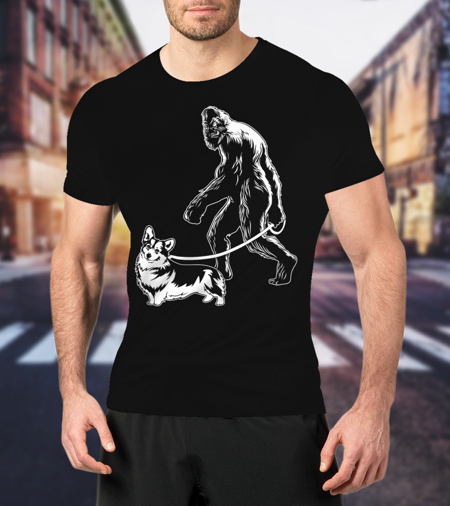 Bigfoot Walking Corgi Dog T-Shirt