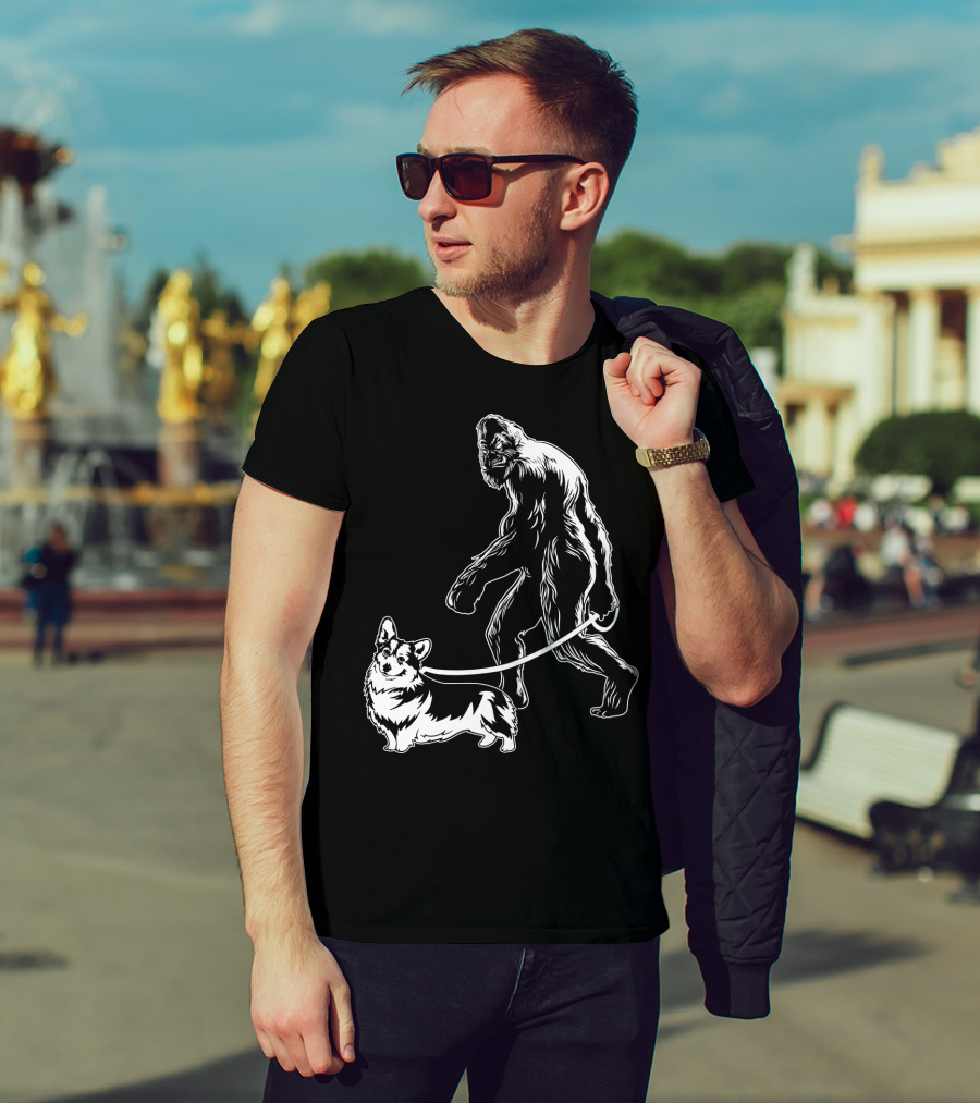 Bigfoot Walking Corgi Dog T-Shirt