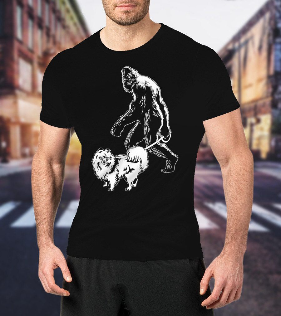 Bigfoot Walking Pomeranian Dog T-Shirt