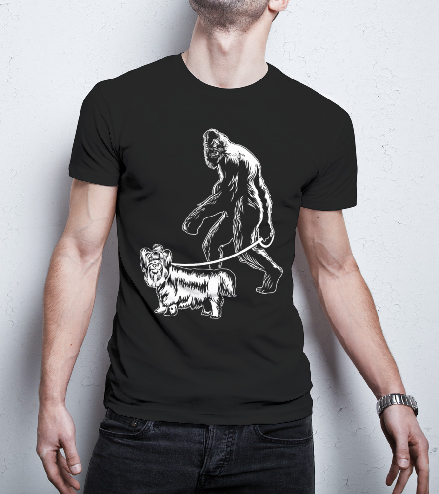 Bigfoot Walking A Yorkie Dog T-Shirt