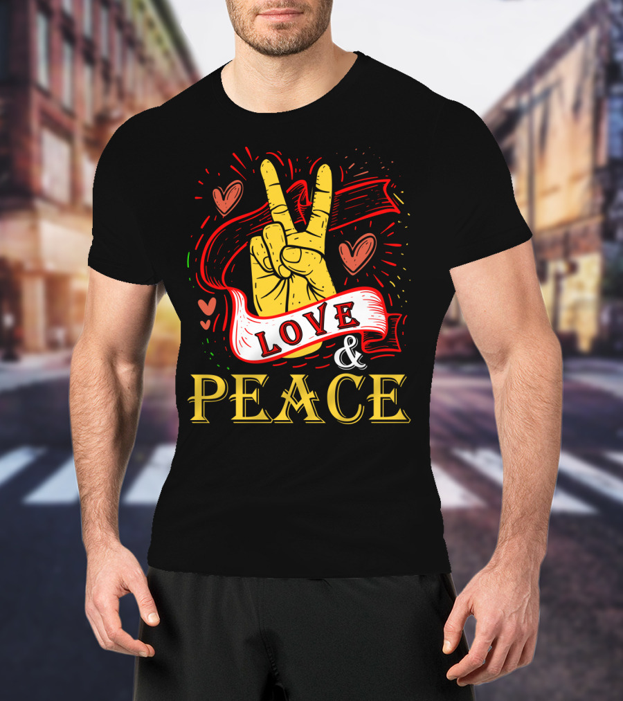 LOVE And PEACE Hand Gesture With Hearts And Banner T-Shirt