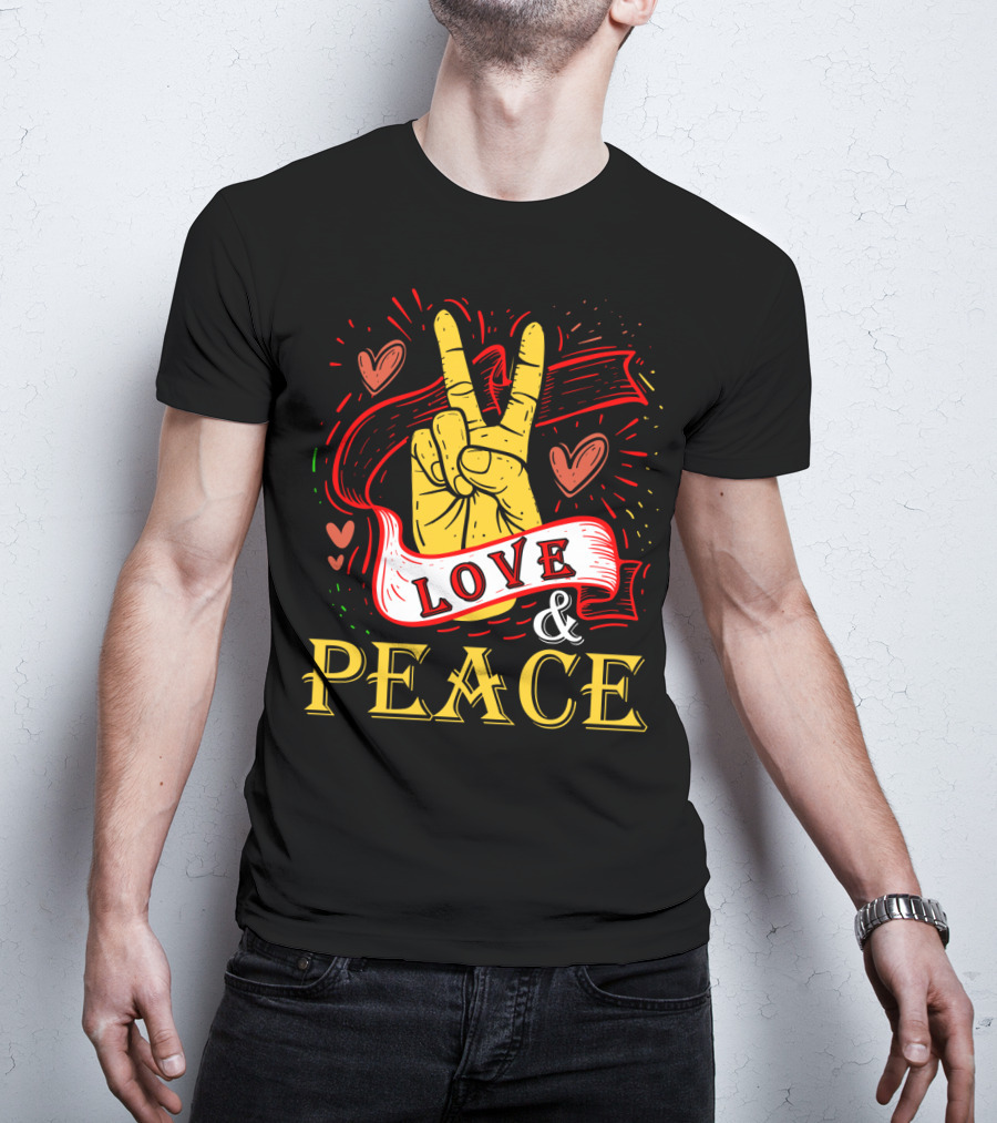 LOVE And PEACE Hand Gesture With Hearts And Banner T-Shirt