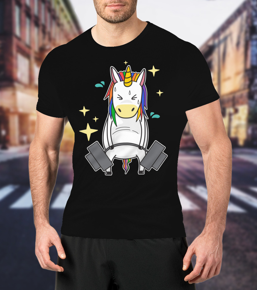 Unicorn Weightlifting Fitness Gym Sweat Rainbow Mane Stars T-Shirt