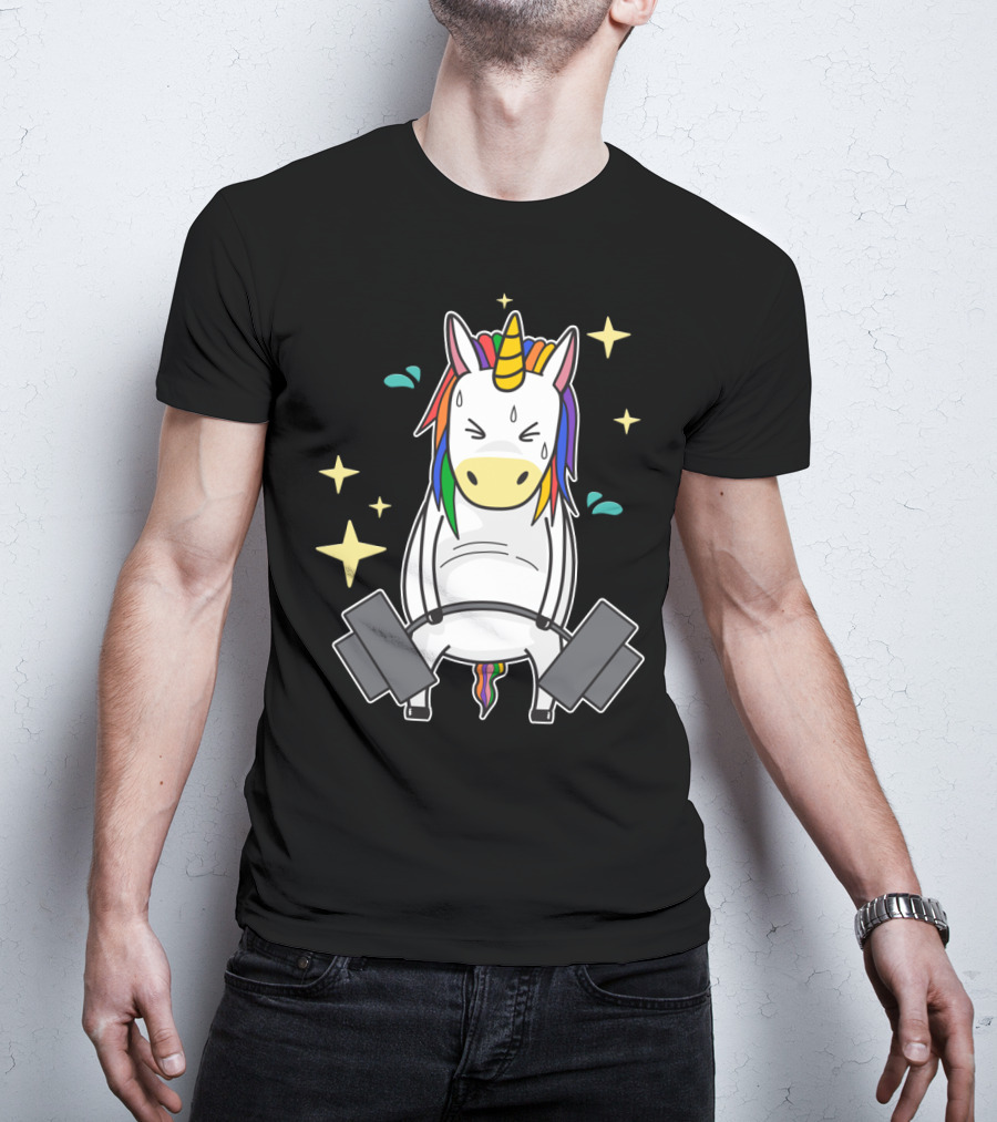 Unicorn Weightlifting Fitness Gym Sweat Rainbow Mane Stars T-Shirt