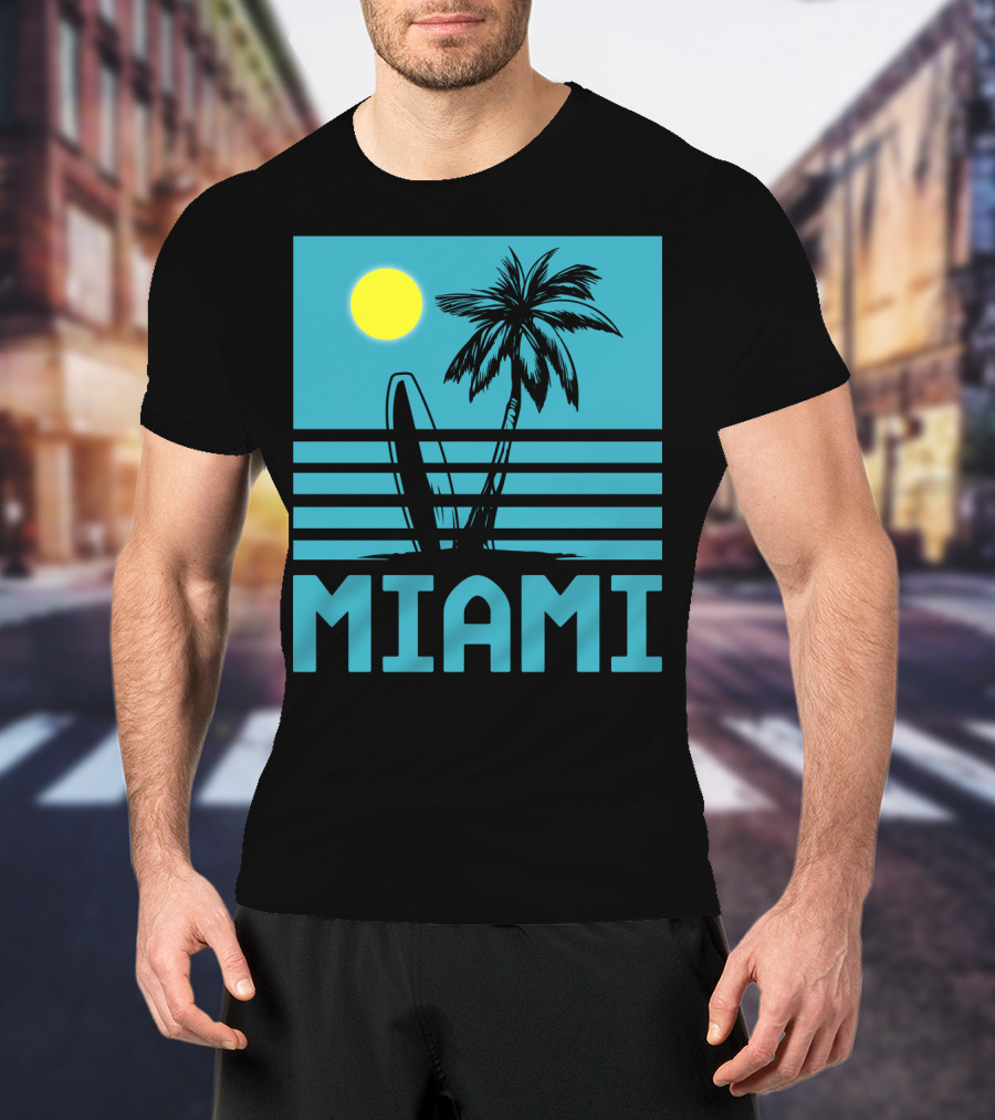 Miami Surf Palm Sunset Retro T-Shirt