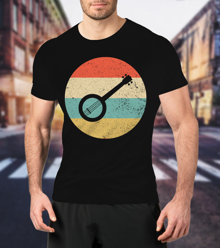 Retro Banjo Silhouette On Vintage Striped Circle T-Shirt