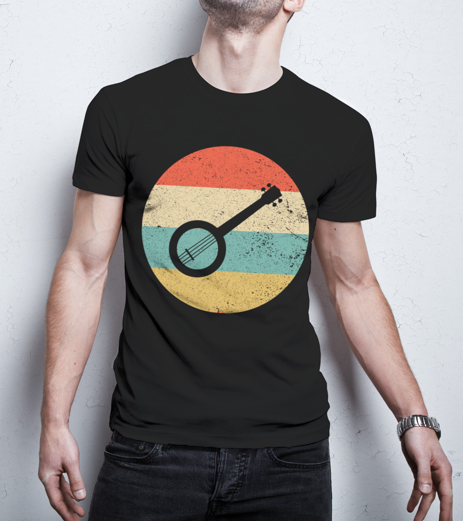 Retro Banjo Silhouette On Vintage Striped Circle T-Shirt