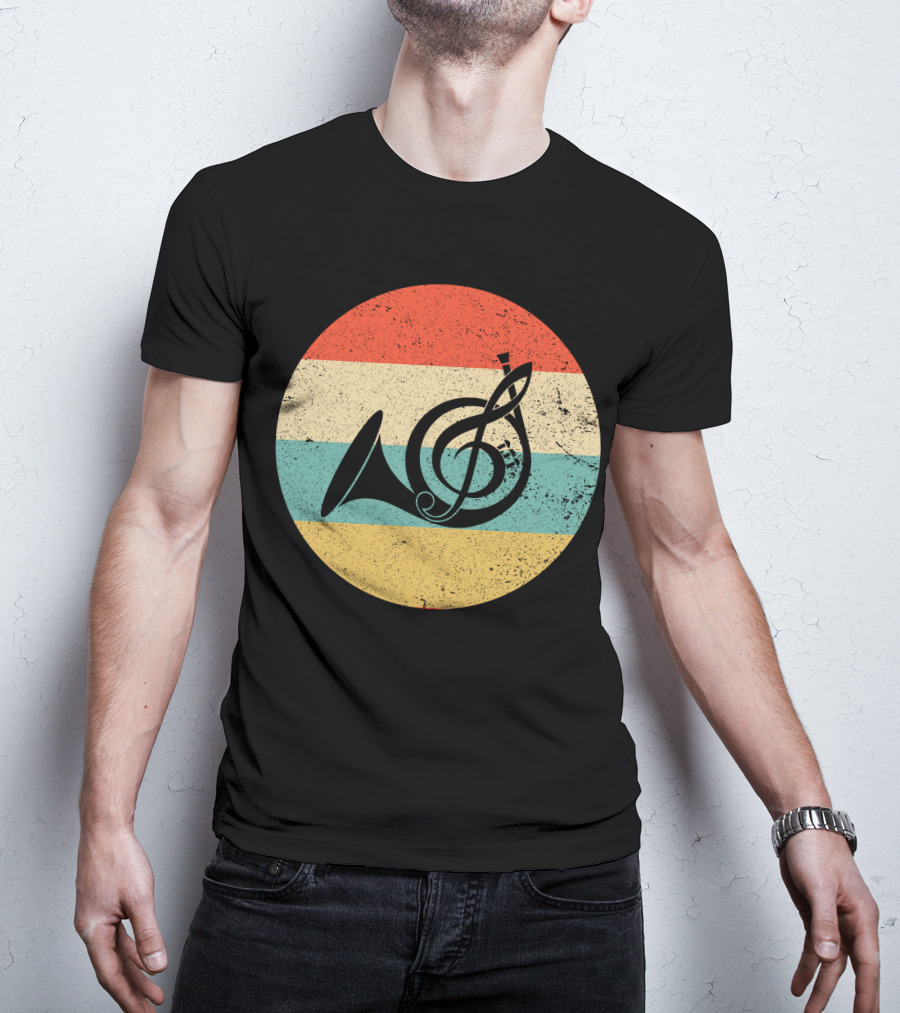 Vintage Retro Treble Clef French Horn Circle T-Shirt