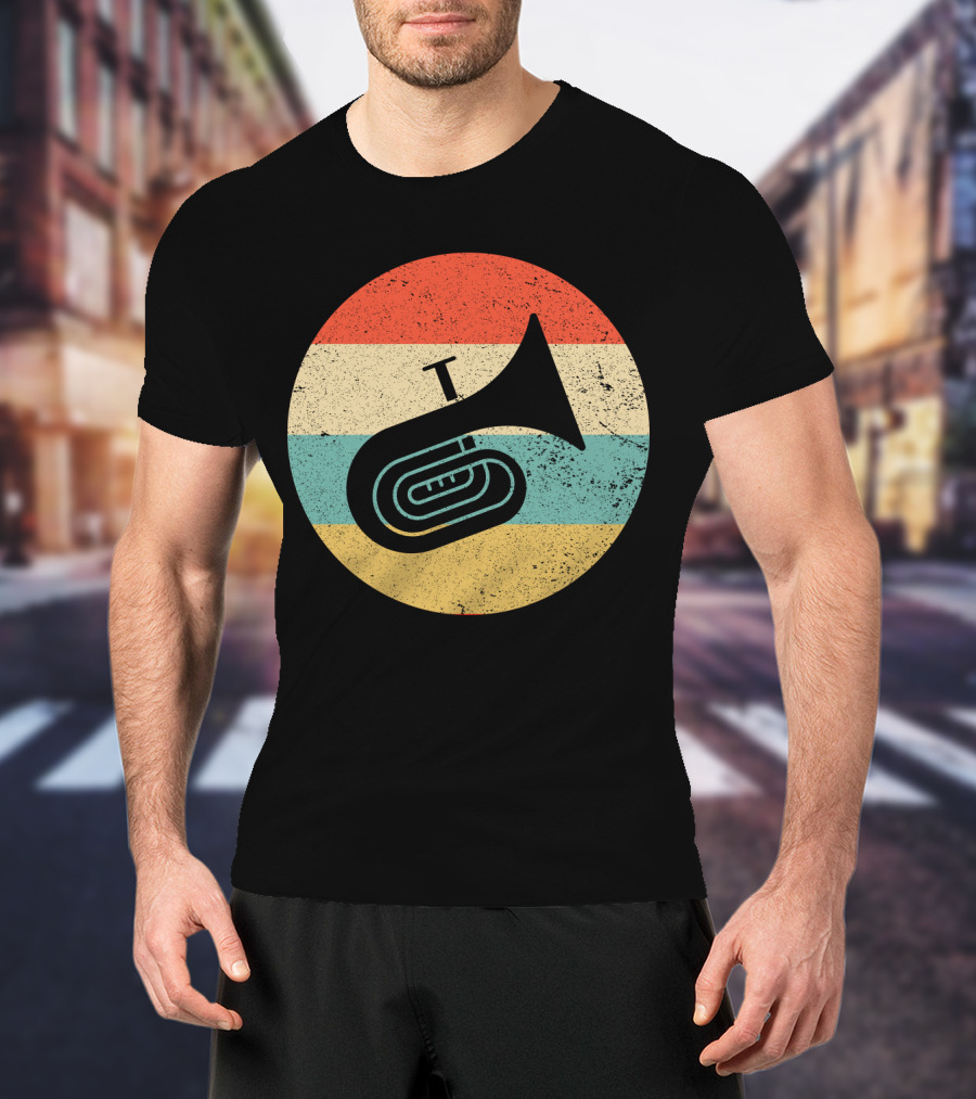 Vintage Retro Tuba Circle With Distressed Rainbow Stripes Background T-Shirt