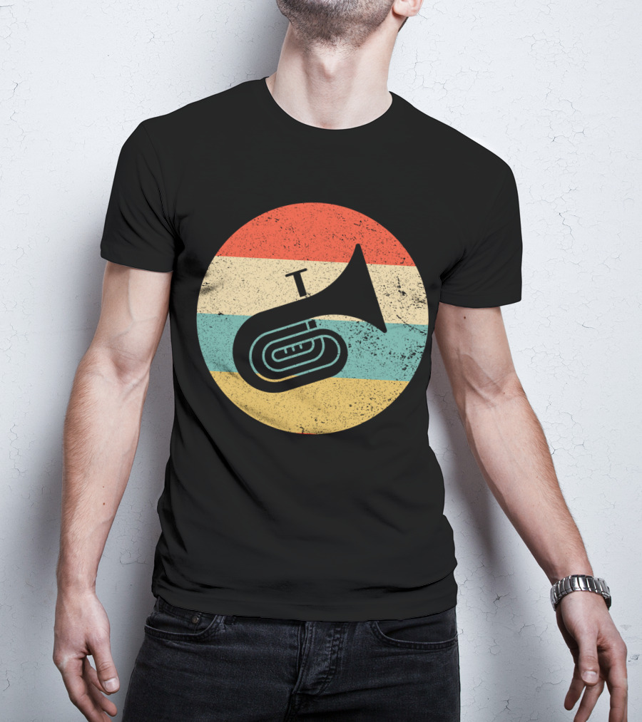 Vintage Retro Tuba Circle With Distressed Rainbow Stripes Background T-Shirt