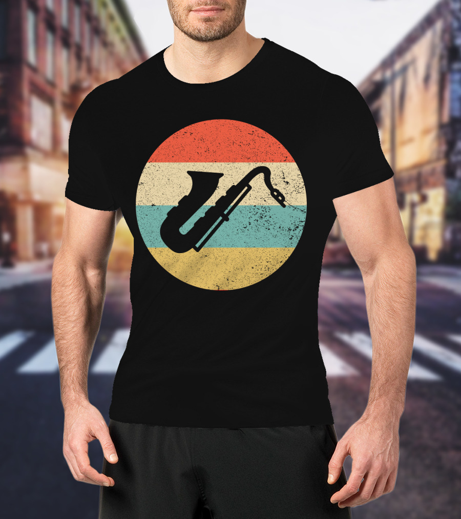 Retro Saxophone Circle Stripes Vintage T-Shirt