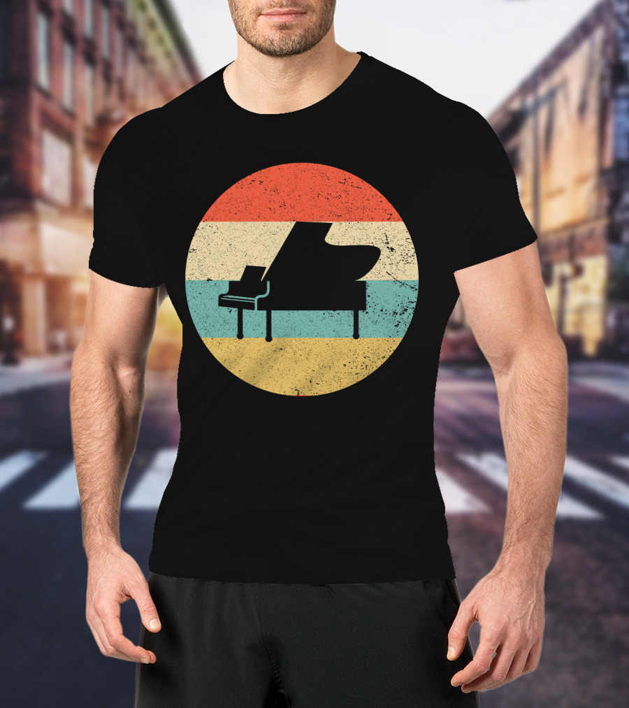 Vintage Retro Piano Silhouette With Stripes T-Shirt