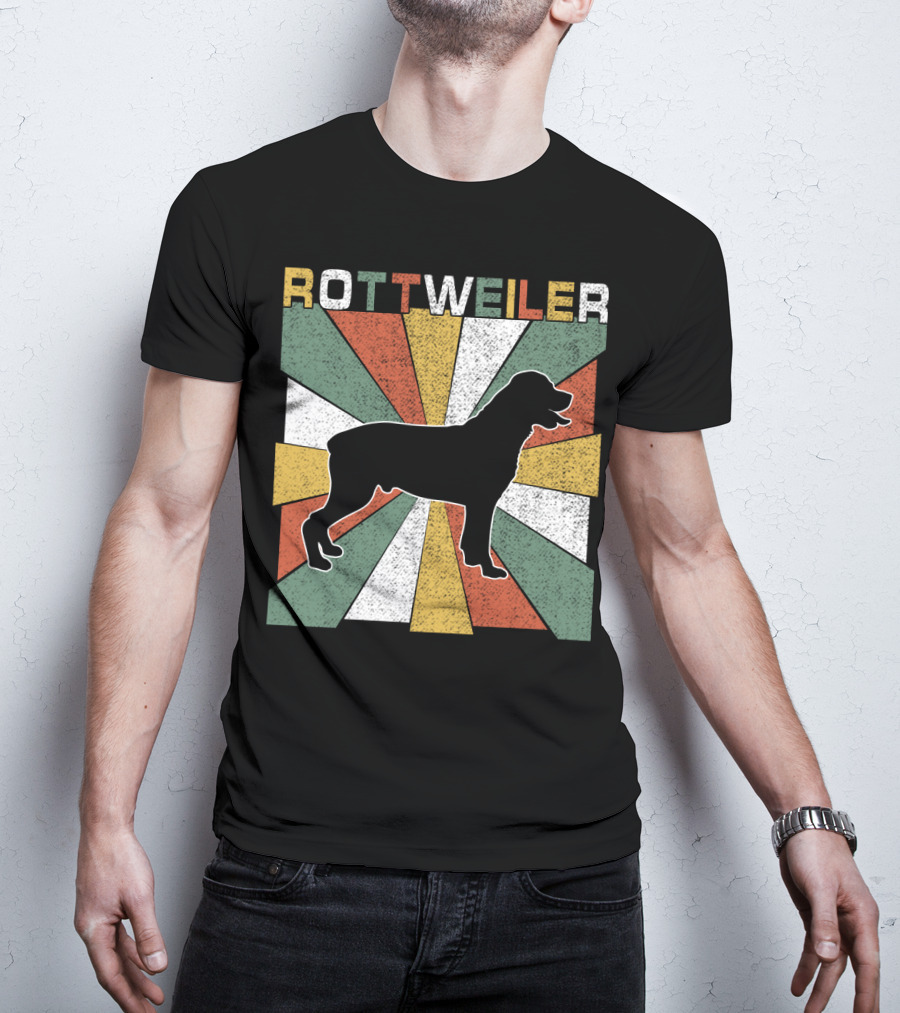 Rottweiler Dogs Retro 70s Vintage Silhouette Multicolor Stripes T-Shirt