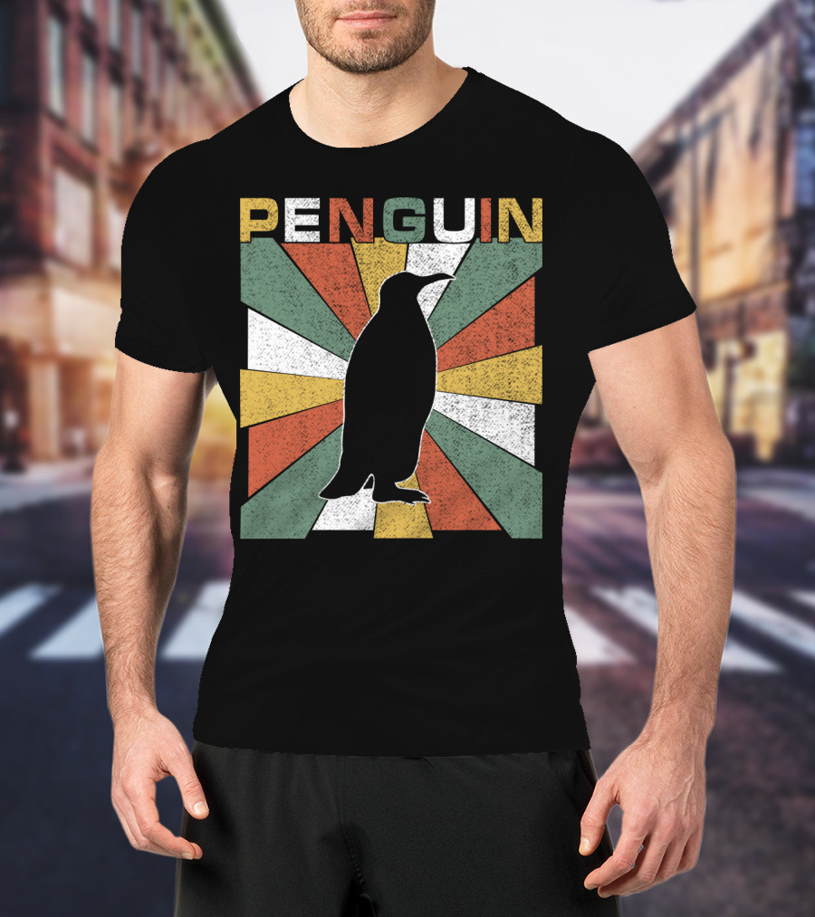 Penguin 70s Silhouette Vintage Retro Sunburst T-Shirt