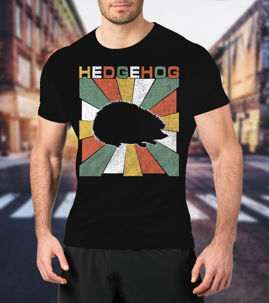 Hedgehog Retro 70s Silhouette Vintage Stripe Burst T-Shirt