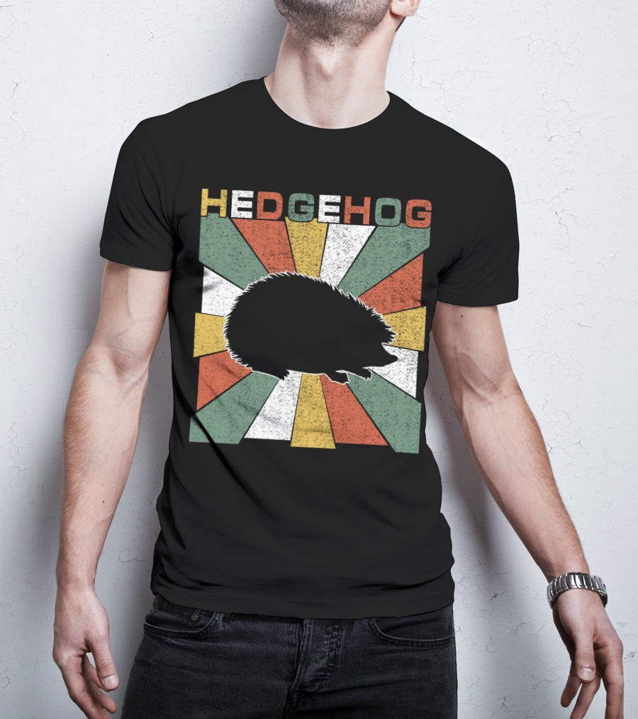 Hedgehog Retro 70s Silhouette Vintage Stripe Burst T-Shirt