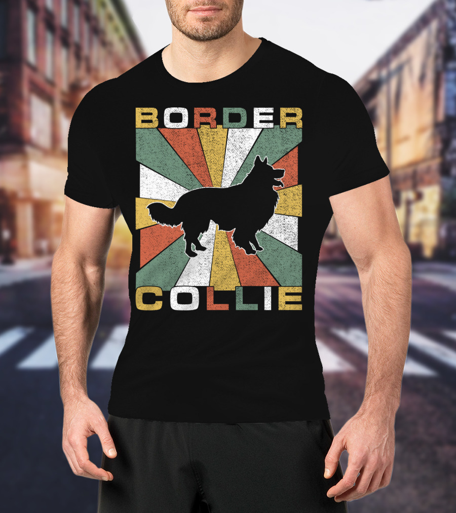 Border Collie Retro 70s Silhouette Radiant Stripes T-Shirt