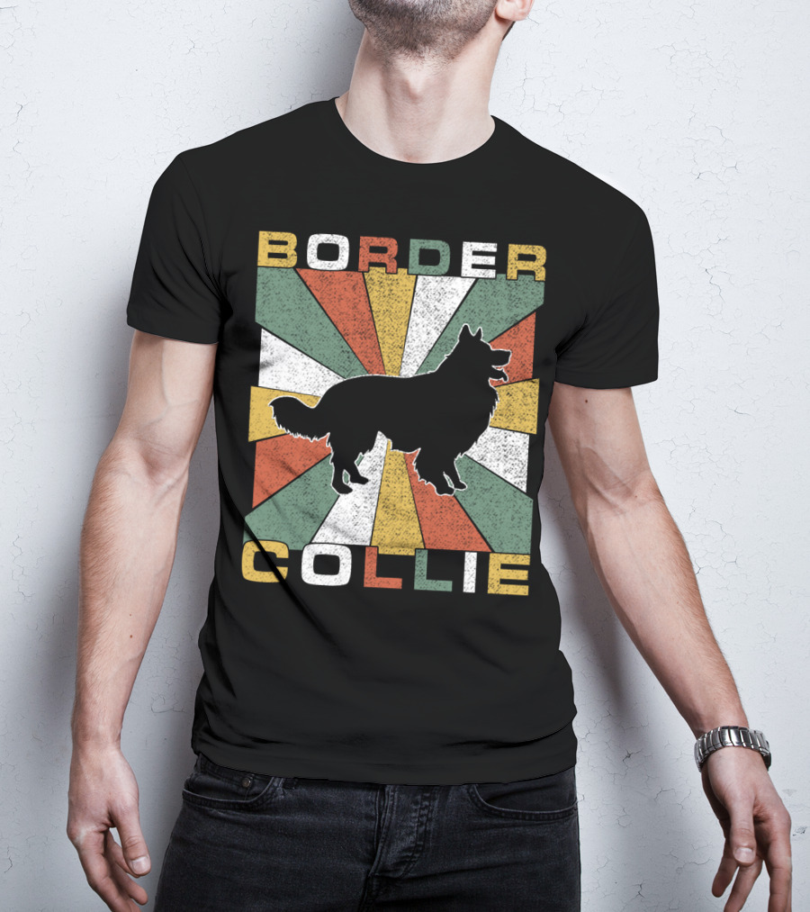 Border Collie Retro 70s Silhouette Radiant Stripes T-Shirt