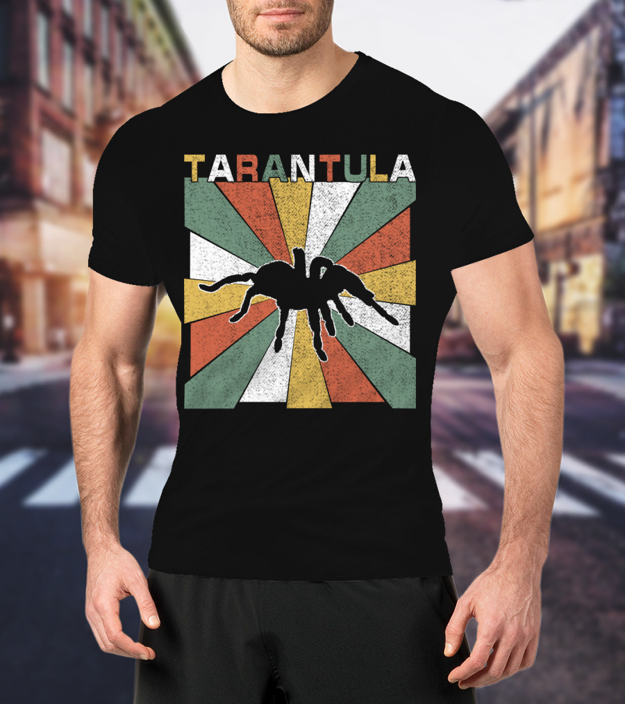 Tarantula Retro 70s Vintage Silhouette With Colorful Geometric Background T-Shirt