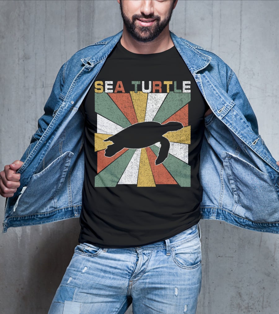 Sea Turtle Retro 70s Vintage Silhouette Distressed Color Blocking T-Shirt