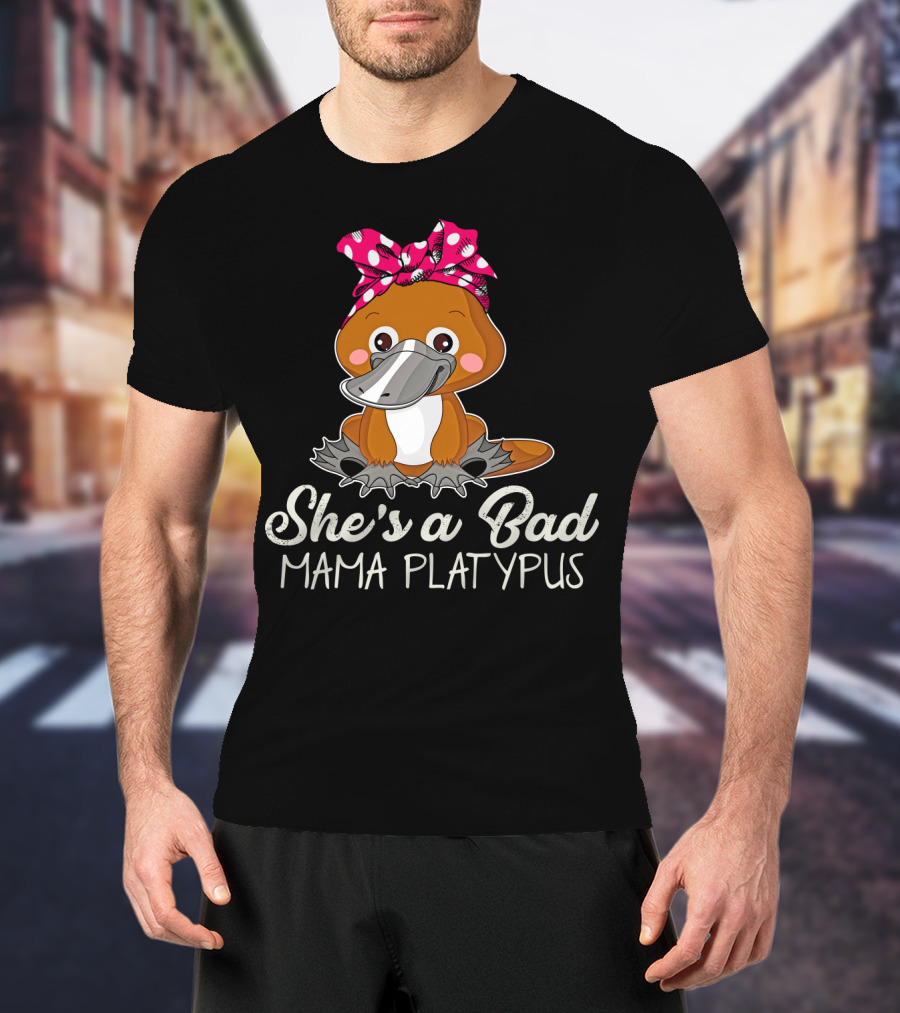 She's A Bad Mama Platypus Cute Cartoon Character With Pink Polka Dot Bow T-Shirt