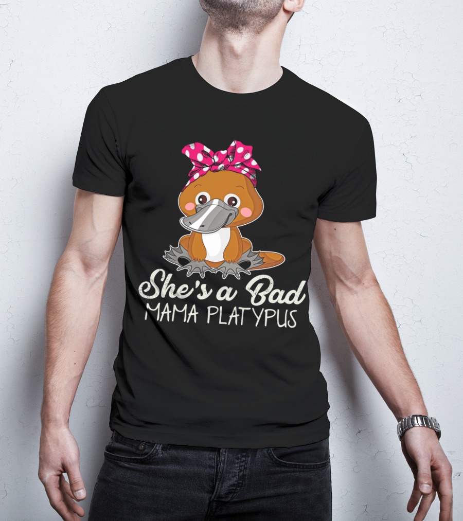 She's A Bad Mama Platypus Cute Cartoon Character With Pink Polka Dot Bow T-Shirt