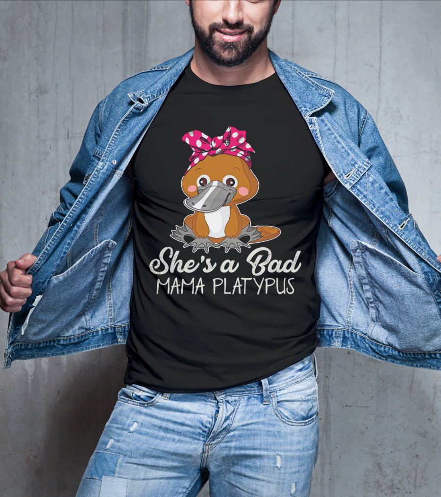 She's A Bad Mama Platypus Cute Cartoon Character With Pink Polka Dot Bow T-Shirt