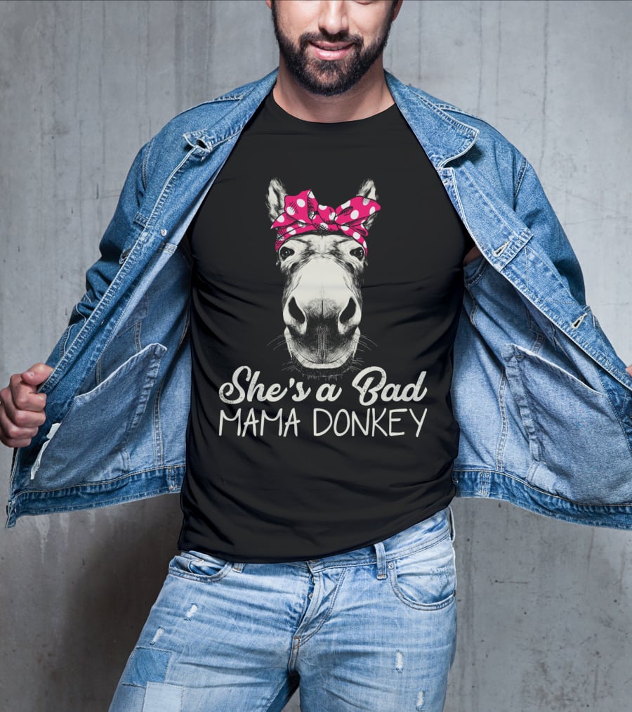She's A Bad Mama Donkey With Pink Polka Dot Bandana T-Shirt