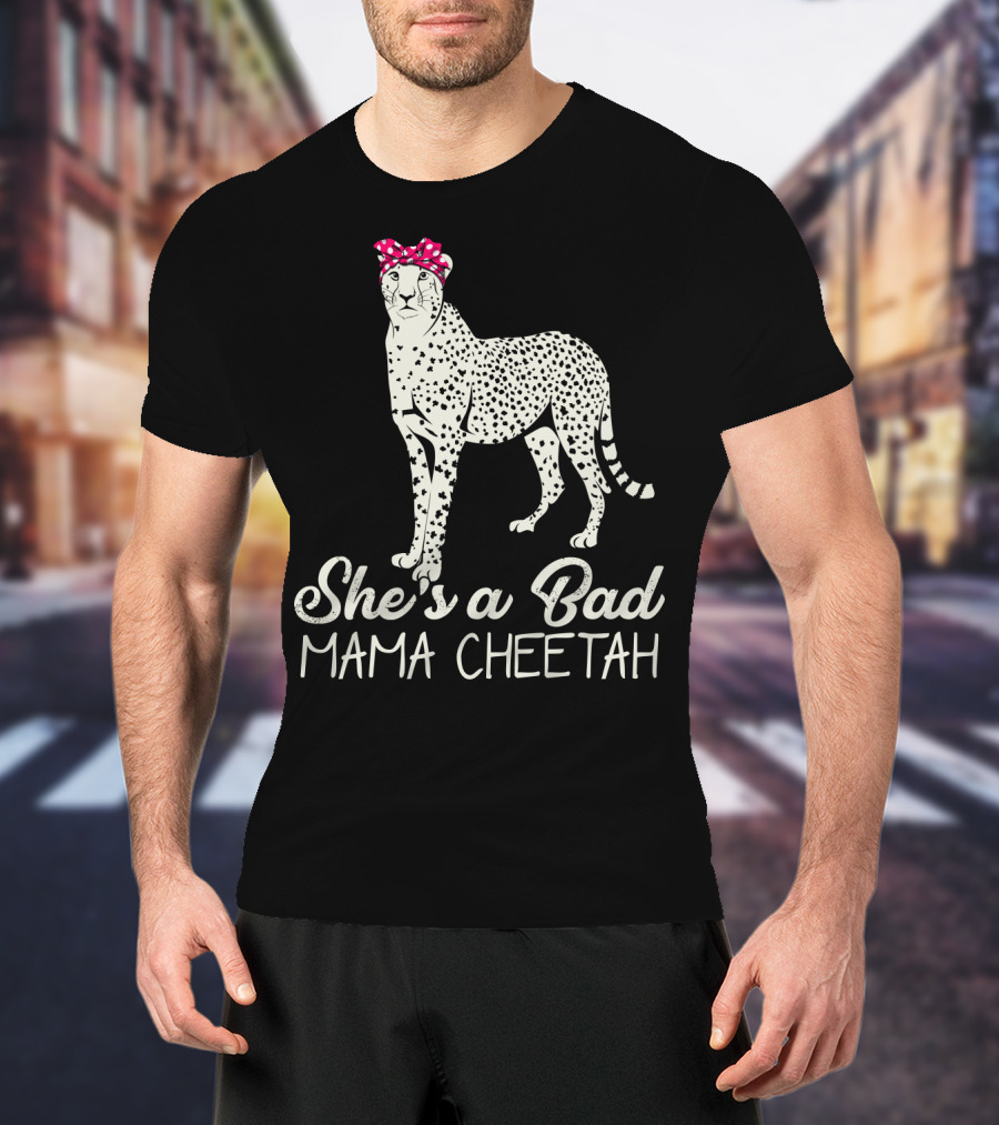 She's A Bad Mama Cheetah With Pink Polka Dot Bow T-Shirt