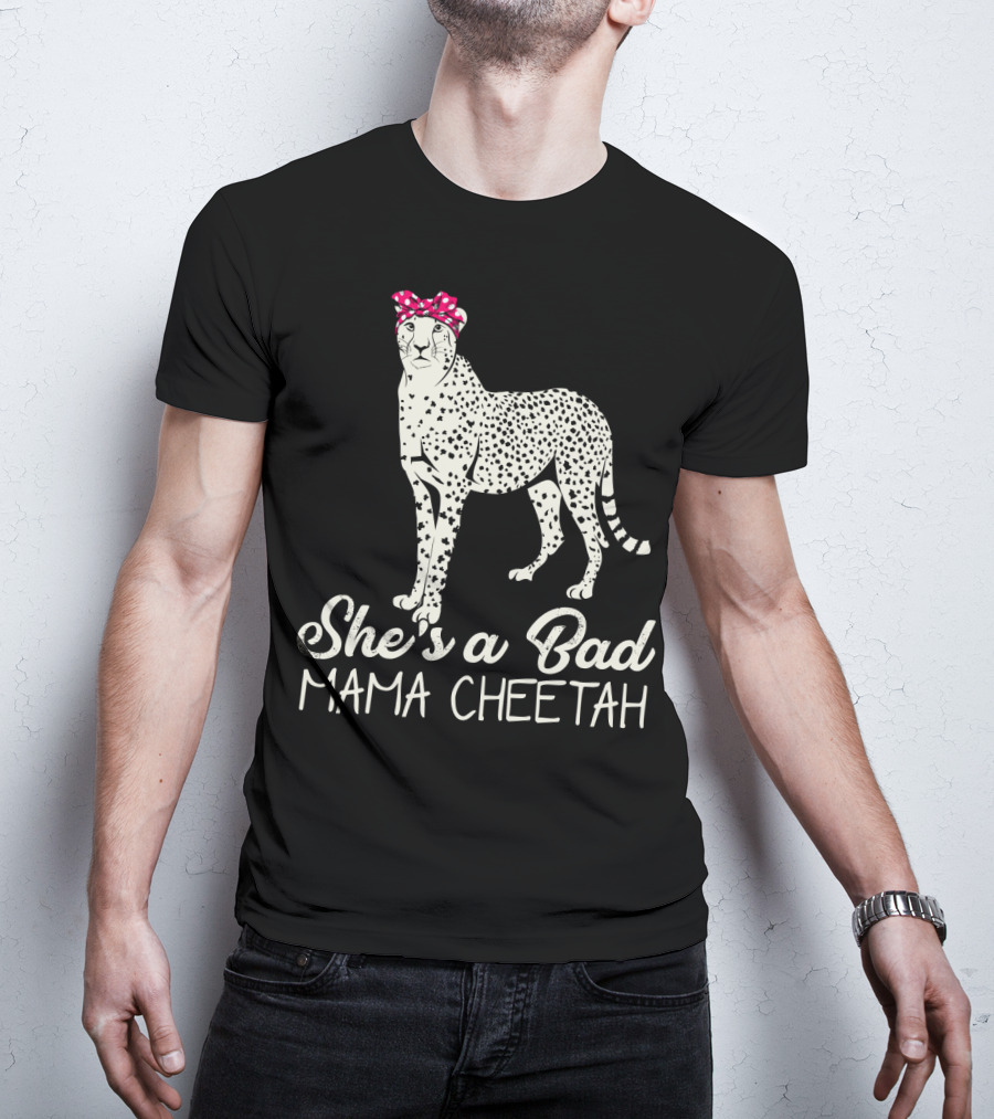 She's A Bad Mama Cheetah With Pink Polka Dot Bow T-Shirt