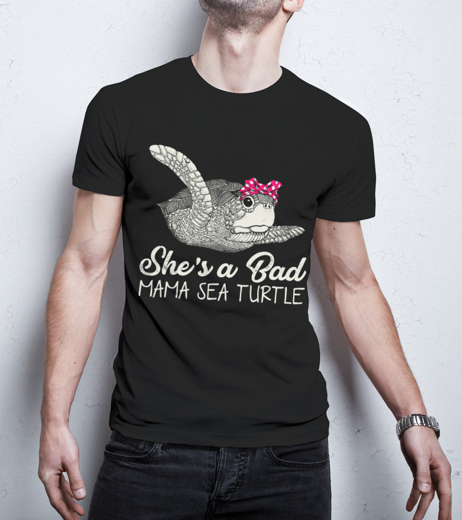 She's A Bad Mama Sea Turtle With Pink Polka Dot Bow T-Shirt