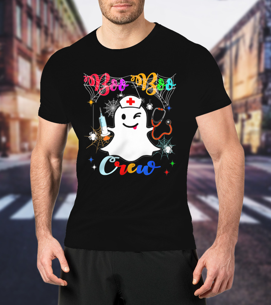 Boo Boo Crew Ghost Nurse Winking With Stethoscope And Syringe Halloween Spider Webs T-Shirt