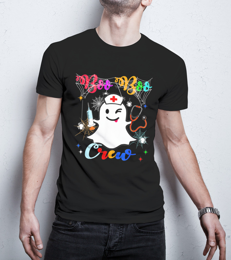 Boo Boo Crew Ghost Nurse Winking With Stethoscope And Syringe Halloween Spider Webs T-Shirt