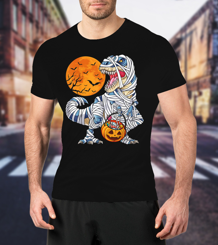 Halloween Dinosaur T-Rex Mummy Pumpkin Moon Bats T-Shirt