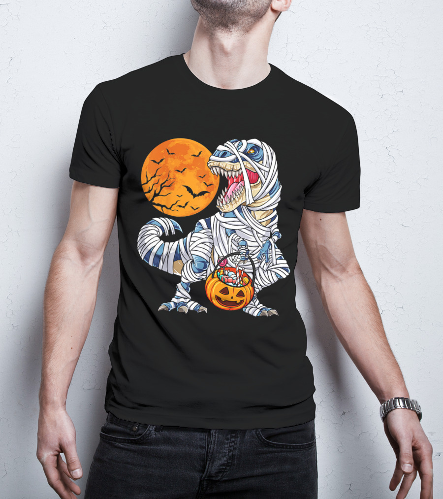 Halloween Dinosaur T-Rex Mummy Pumpkin Moon Bats T-Shirt