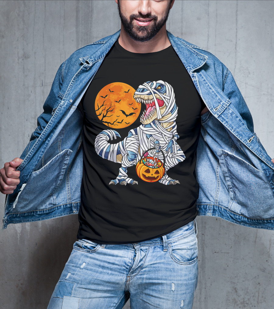 Halloween Dinosaur T-Rex Mummy Pumpkin Moon Bats T-Shirt