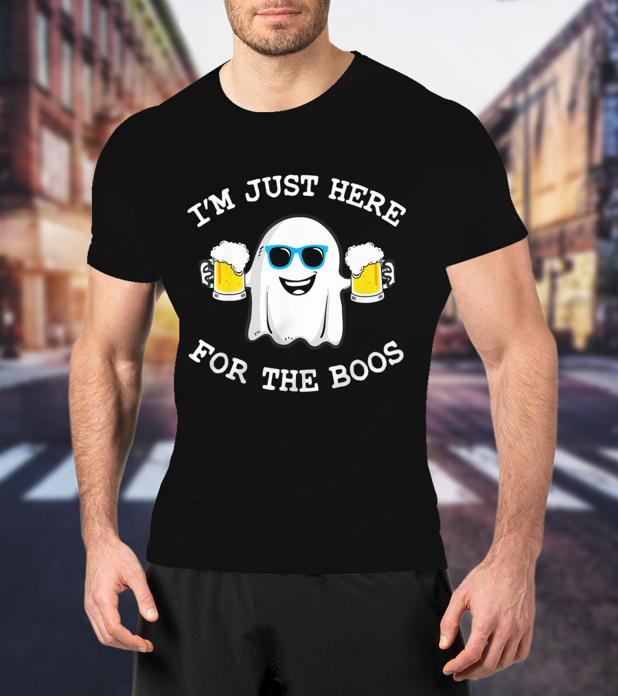 I'm Just Here For The Boos Funny Halloween Ghost With Beers And Sunglasses T-Shirt