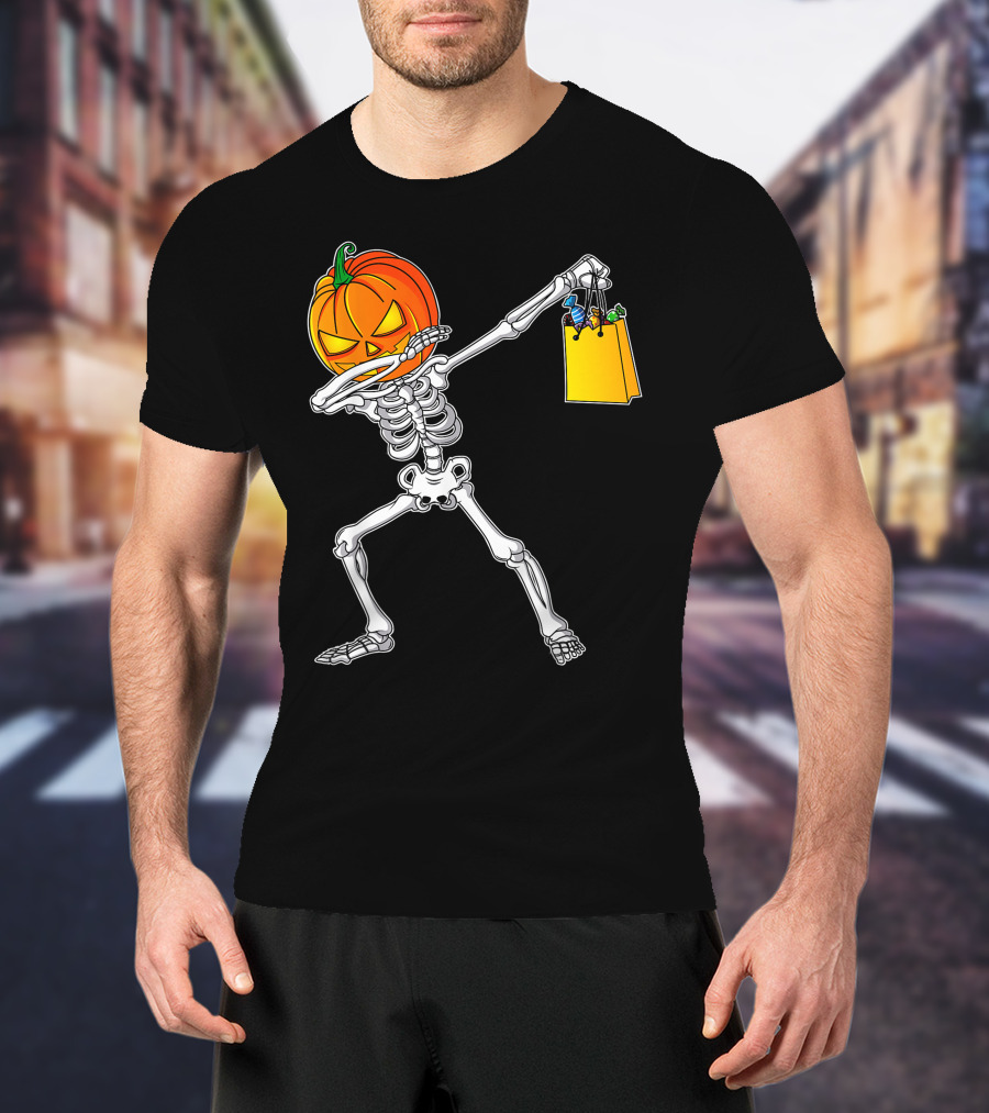 Funny Dabbing Skeleton With Pumpkin Head And Candy Bag For Halloween Kids T-Shirt