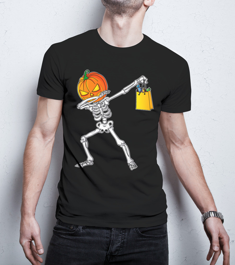 Funny Dabbing Skeleton With Pumpkin Head And Candy Bag For Halloween Kids T-Shirt