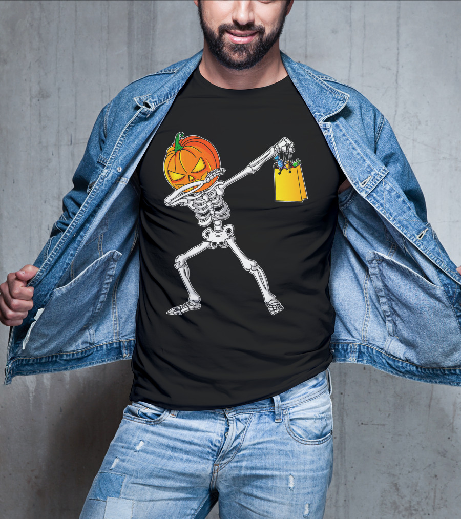 Funny Dabbing Skeleton With Pumpkin Head And Candy Bag For Halloween Kids T-Shirt