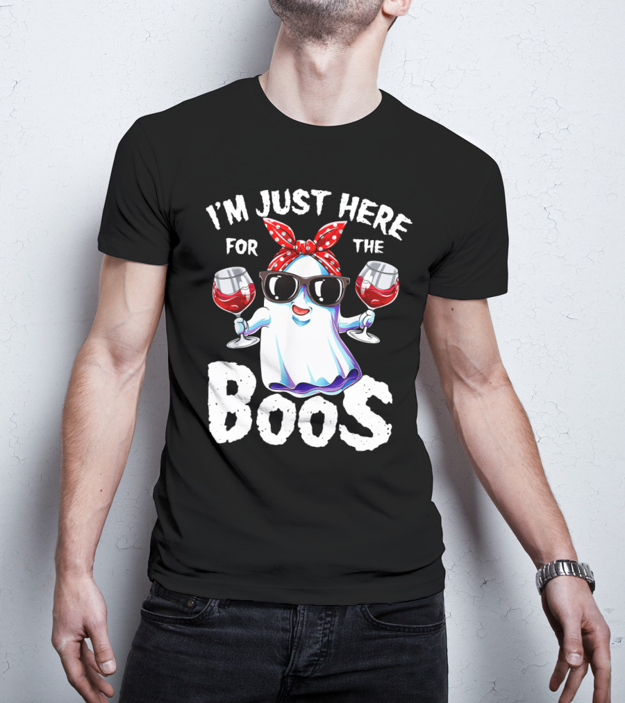 I'm Just Here For The Boos Funny Halloween Women Ghost Holding Wine Glasses T-Shirt