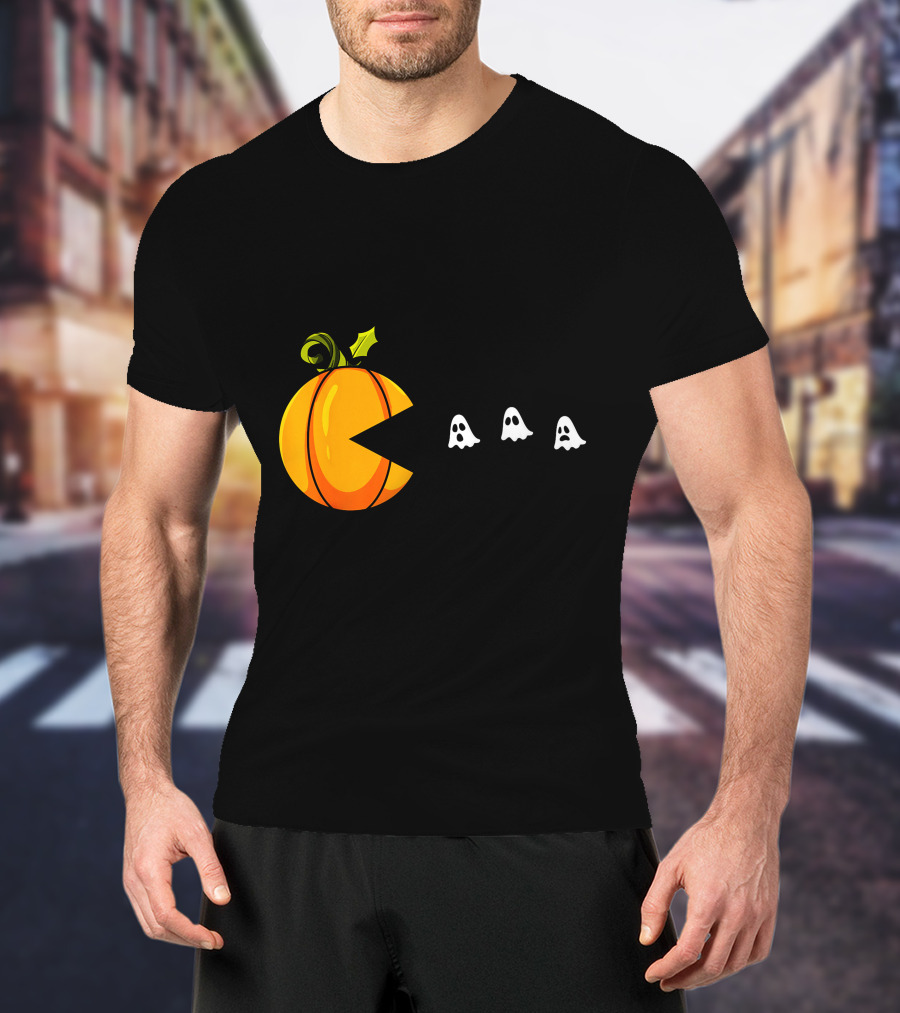 Pumpkin Pac-Man Chomping Ghosts Halloween T-Shirt
