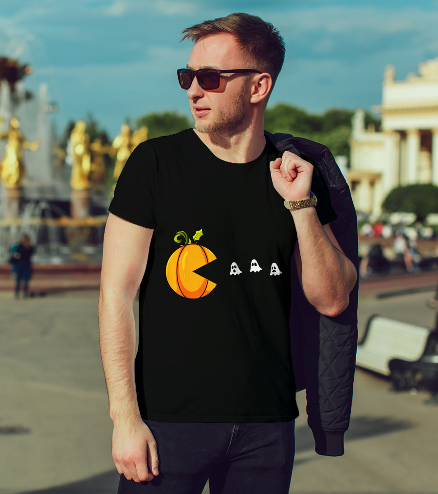 Pumpkin Pac-Man Chomping Ghosts Halloween T-Shirt