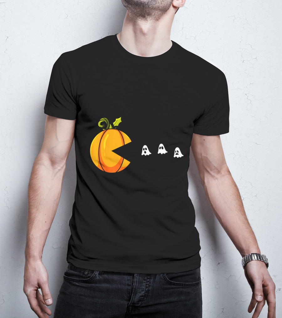 Pumpkin Pac-Man Chomping Ghosts Halloween T-Shirt