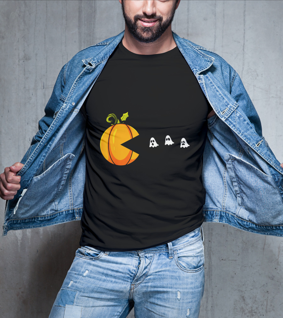 Pumpkin Pac-Man Chomping Ghosts Halloween T-Shirt