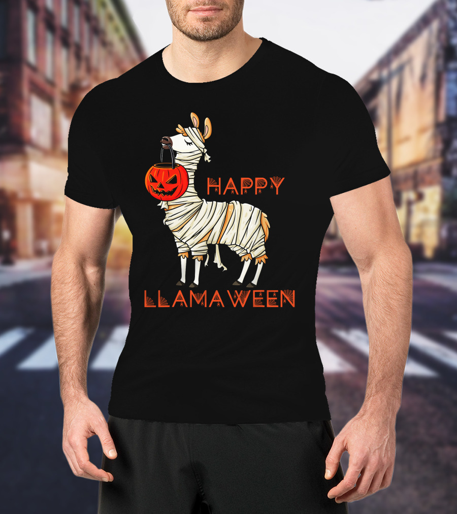 Happy Llamaween Funny Halloween Mummy Llama With Pumpkin Girls T-Shirt