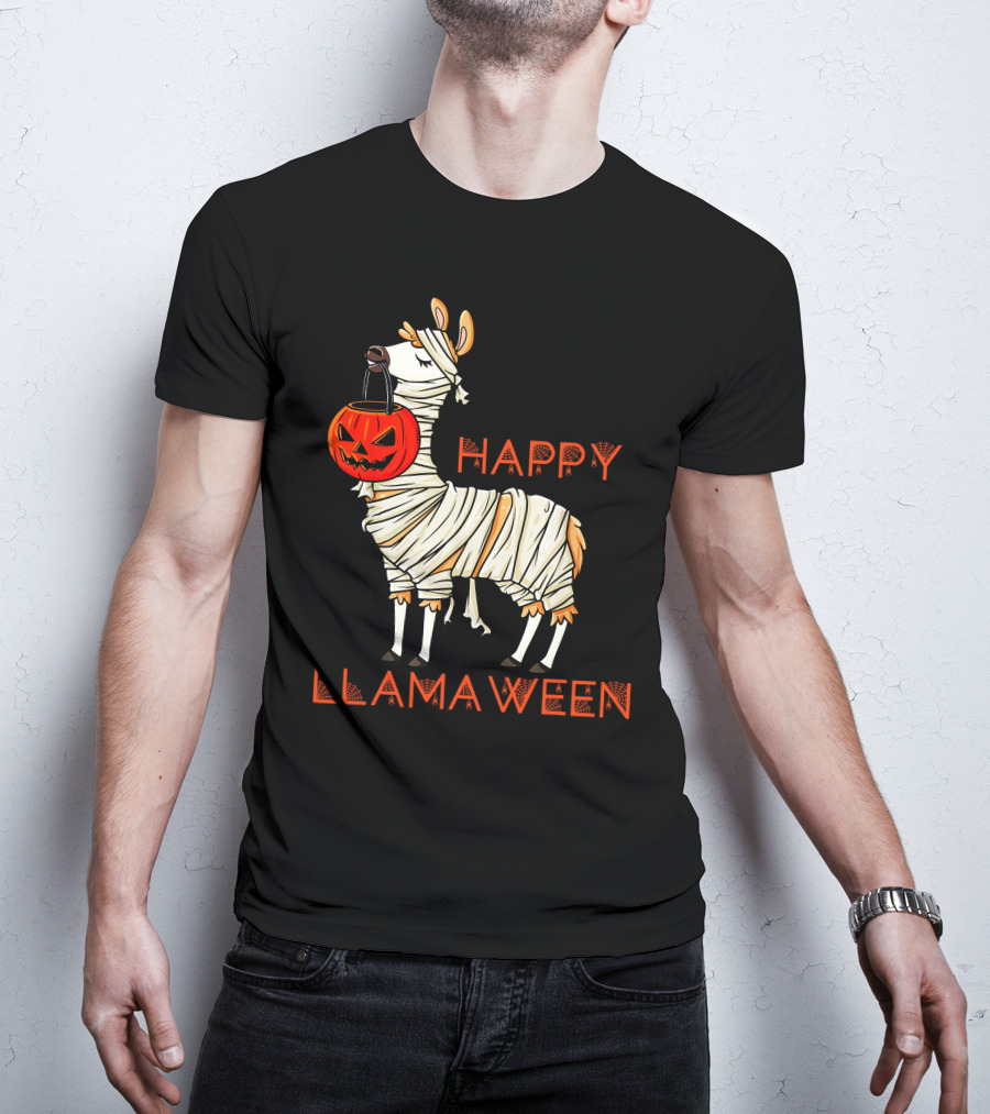 Happy Llamaween Funny Halloween Mummy Llama With Pumpkin Girls T-Shirt